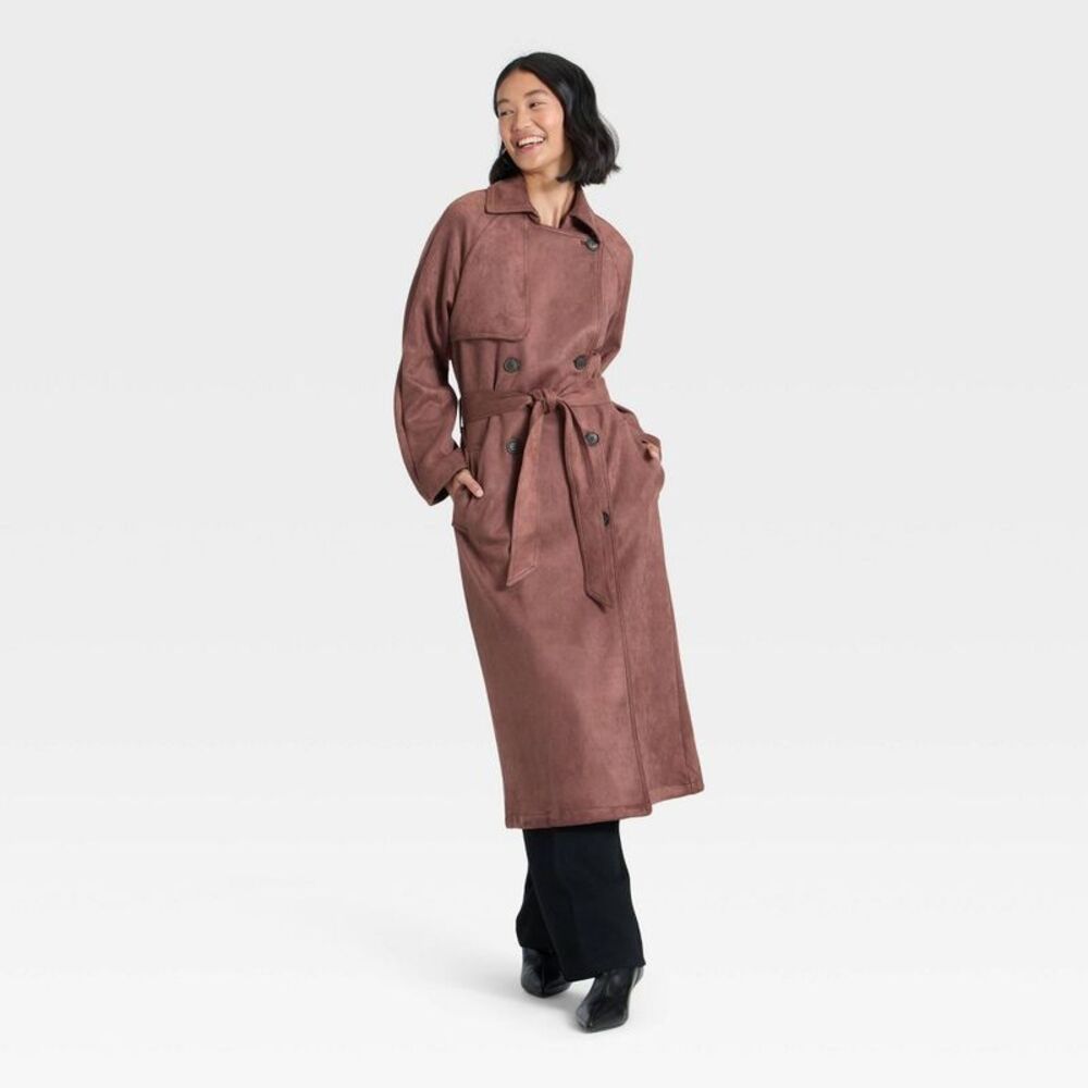 Women's Faux Suede Trench - A New Day Brown XL